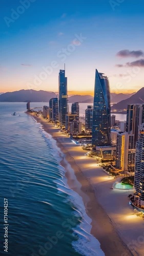 Drone flyover of coastal city skyline with beach, cinematic night glow