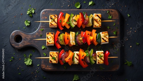 Grilled halloumi and vegetable skewers on a dark wooden cutting board closeup view