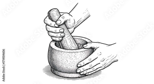 Vintage Engraving: Hands Grinding Spices with Mortar and Pestle