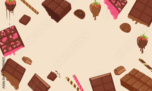 Sweet dessert horizontal banner frame with chocolate bars, candies and strawberries. Vector hand drawn illustration for packaging design, menu, flyers with blank copy space