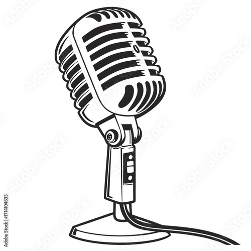 Detailed black and white illustration of a vintage microphone on a stand with multiple cords on a white background