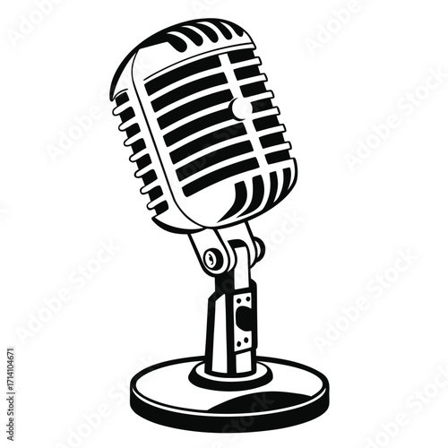 Detailed black and white illustration of a vintage microphone on a stand with a wire on a white background
