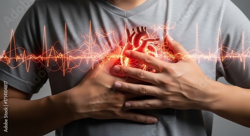 A person clutches their chest, experiencing chest pain, with a glowing heart and an electrocardiogram overlay symbolizing a cardiac event.