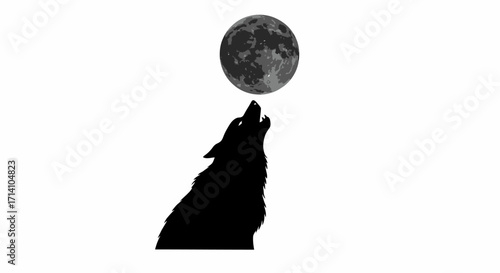 A black wolf silhouette is howling at a moon with craters in a white background