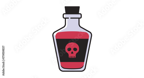 A bottle with a skull label filled with red liquid and sealed with a dark stopper on a white background