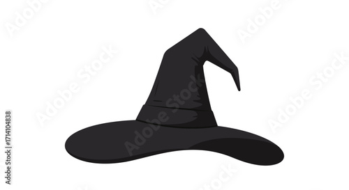 A black witch hat sits against a white background The hat has a wide brim and a pointed droopy top