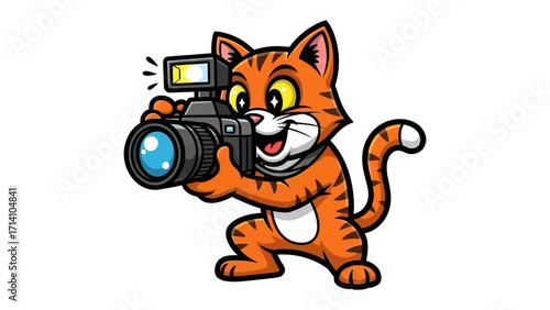 Cat Photographer Cartoon Illustration: An animated ginger cat, with an eager expression, focused behind a modern camera. Capturing a charming blend of feline enthusiasm and professional gear.