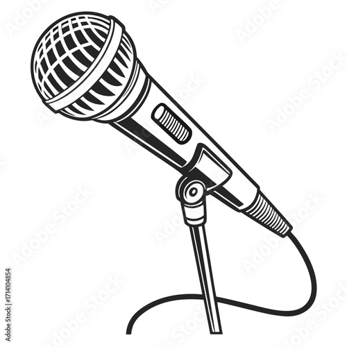 Dynamic microphone on a stand with a cable on a white background audio sound