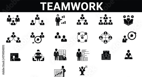 Black and white teamwork icons depicting business interactions
