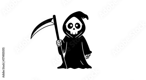 A cartoonstyle Grim Reaper complete with scythe skull face and dark hooded cloak