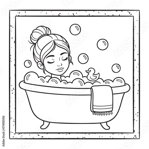 Woman Taking a Relaxing Bubble Bath with a Rubber Duck - Self-Care and Serenity Coloring Page