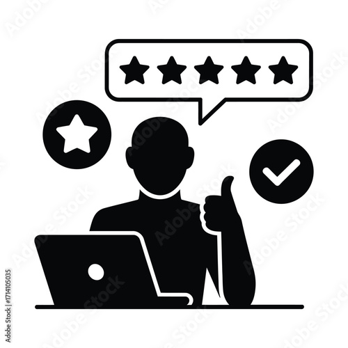 Person giving a thumbs up with five star rating and checkmark