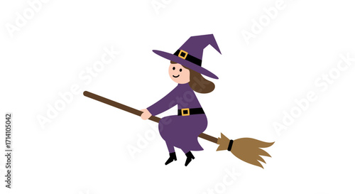 A cartoon witch in purple with a hat rides a broomstick