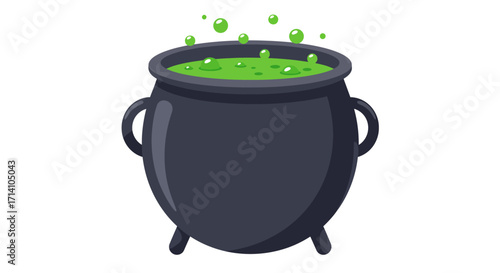 A dark cauldron filled with bubbling green liquid sits on three small legs