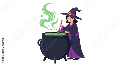 A cartoon witch stirs a green potion in a cauldron with bubbling steam