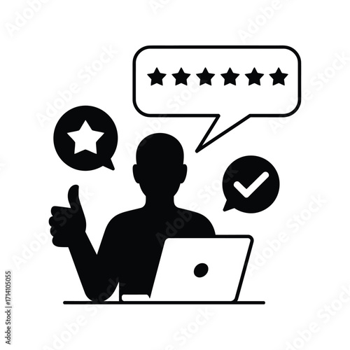Customer satisfaction with positive feedback and star rating on laptop