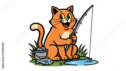 Fishing Cat Illustration: Whimsical illustration of a cheerful cat joyfully fishing, with a full bucket and fish and fishing rod, it is cartoonish drawing for kids