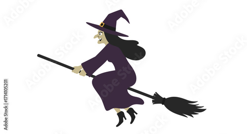A witch with a hat and purple dress flies on a broomstick