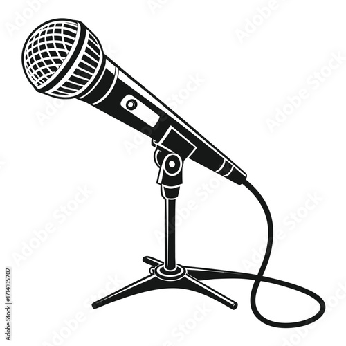 Modern microphone on a stand with a cable on a white background audio sound