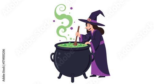 A witch stirring a green bubbling potion in a black cauldron with green smoke rising