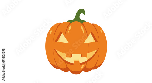 An orange pumpkin with a green stem featuring carved triangular eyes and a toothy smile