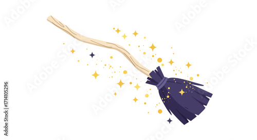 An angled witchs broom adorned with gold glitter and a dark purple head floats against a plain white background