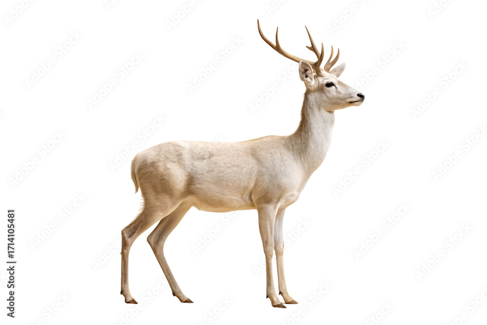 Obraz premium Elegant pale beige deer standing in profile with branched antlers and slender legs gracefully positioned, isolated on a transparent background