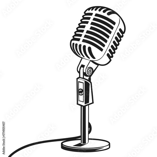 Retro microphone with a curved cable on a stand in a black and white illustration on a white background