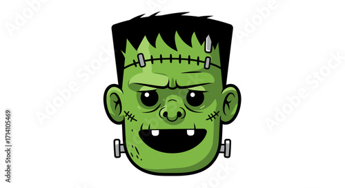 Cartoon Frankenstein head Green skin black hair stitches bolts on neck