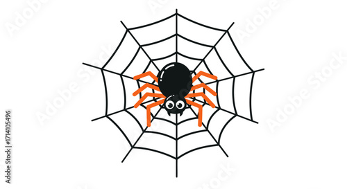 Cartoon illustration of a black spider with orange legs on a black web