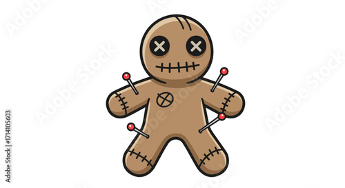 Cartoon voodoo doll with stitched features and pins