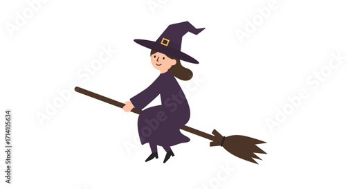 Cartoon witch with hat and dress riding a broom on a white background