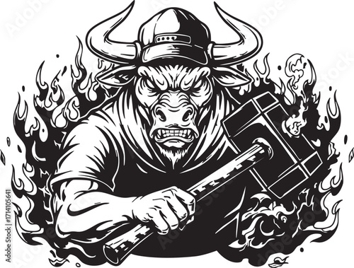 An angry bull wearing a cap holds a hammer, surrounded by flames in a black and white graphic illustration.