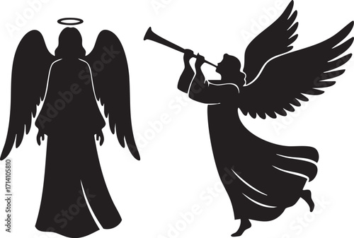 "Angel silhouette with trumpet, black and white illustration, religious and spiritual symbol, divine and holy figure"