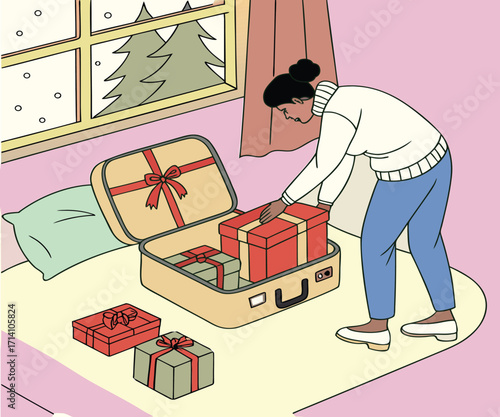 "Packing Christmas Gifts for Holiday Travel, Cozy Winter Scene with Snowy Window