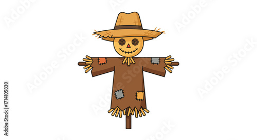 Scarecrow straw hat button eyes stitched smile tattered clothes stick arms patchwork details