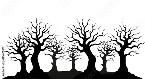 Silhouette a stark ensemble of bare trees against a white canvas