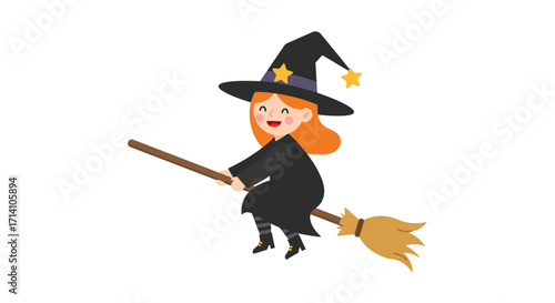 Smiling witch with red hair wearing a pointed hat flying on a broomstick