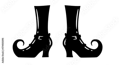 Two black witchlike shoe pairs with buckles tall legs and curly toes