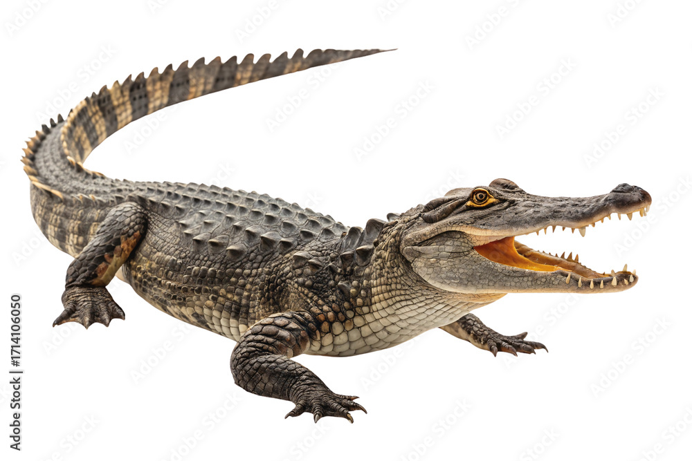 Naklejka premium Large American alligator with open jaws displaying sharp teeth and scaly textured skin, isolated on a transparent background