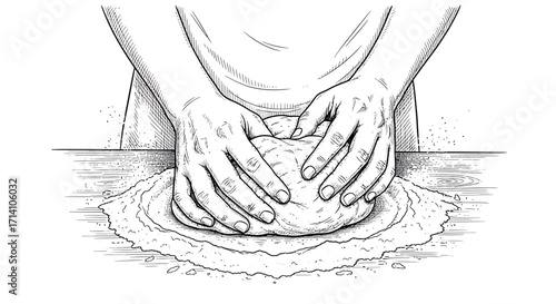 Homemade Bread Preparation: Hands Kneading Dough Black and White Line Art Illustration