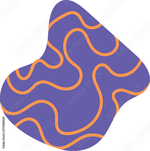 Modern abstract purple amoeba shape featuring vibrant orange wavy lines.