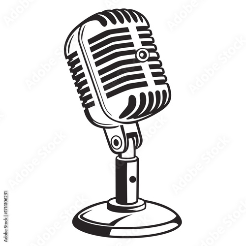Vintage microphone with a classic design on a stand with a round base in black and white illustration