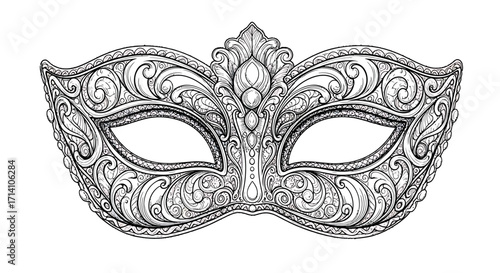 Ornate Venetian Masquerade Mask Line Art Illustration for Adult Coloring Book