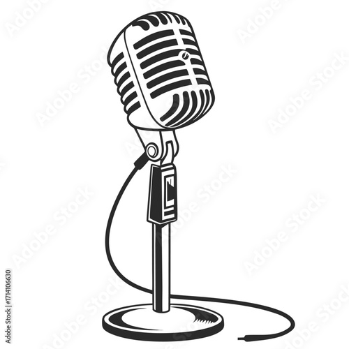 Vintage style microphone on a stand with a cord in black and white illustration on a white background