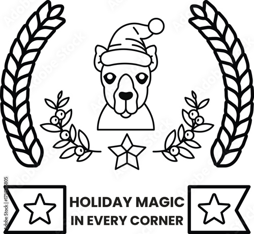 A dog wearing a hat and a Christmas tree on its head