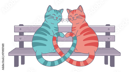 Love's Embrace: Two charming cartoon cats, with vibrant colors, form a heart with their tails while sitting on a bench, symbolizing love and companionship.