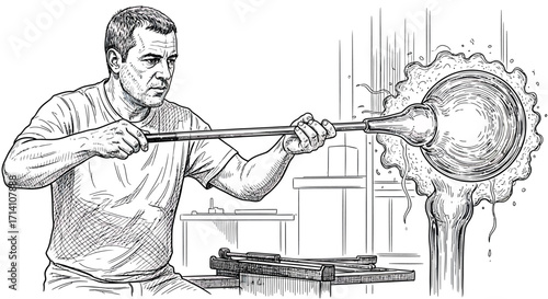 Skilled Glass Blower Crafting Molten Glass with Blowpipe Line Art Illustration