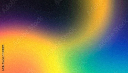 Psychedelic Path A Grainy and Abstract Background with a Luminous, Flowing Color Shape, featuring a Vibrant Rainbow Gradient of Pink, Yellow, and Blue