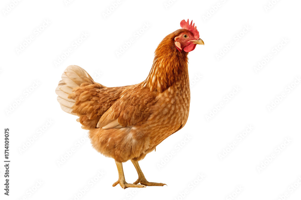 Fototapeta premium Reddish-brown hen positioned at slight angle showing full body profile with prominent comb and feather detail, isolated on a transparent background